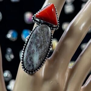 💕 Ruby and fieldspar and coral‎ double stone ring, silver plated, size 9